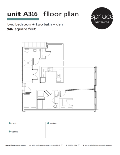 Floor plan for 2 beds, 2 baths, 946 sqft